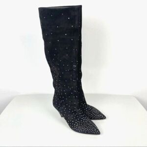 NEW Valentino Garavani Black Suede Studded Knee High Kitten Heel Boots Size 38.5